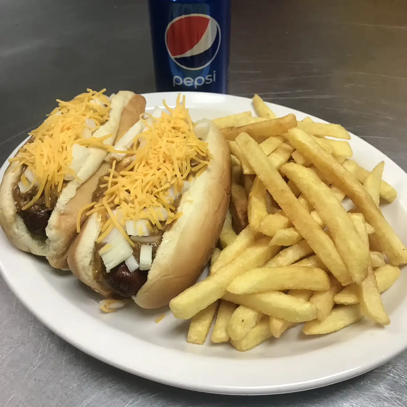 Two Chili Dogs with French Fries & Drink.
