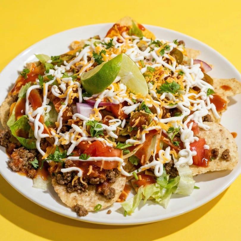 A plate of loaded nachos with ground beef, cheese, lettuce, tomatoes, sour cream, and lime wedges.