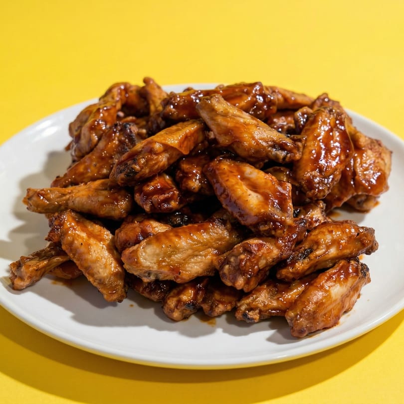 A white plate piled high with glistening, saucy chicken wings against a bright yellow background.