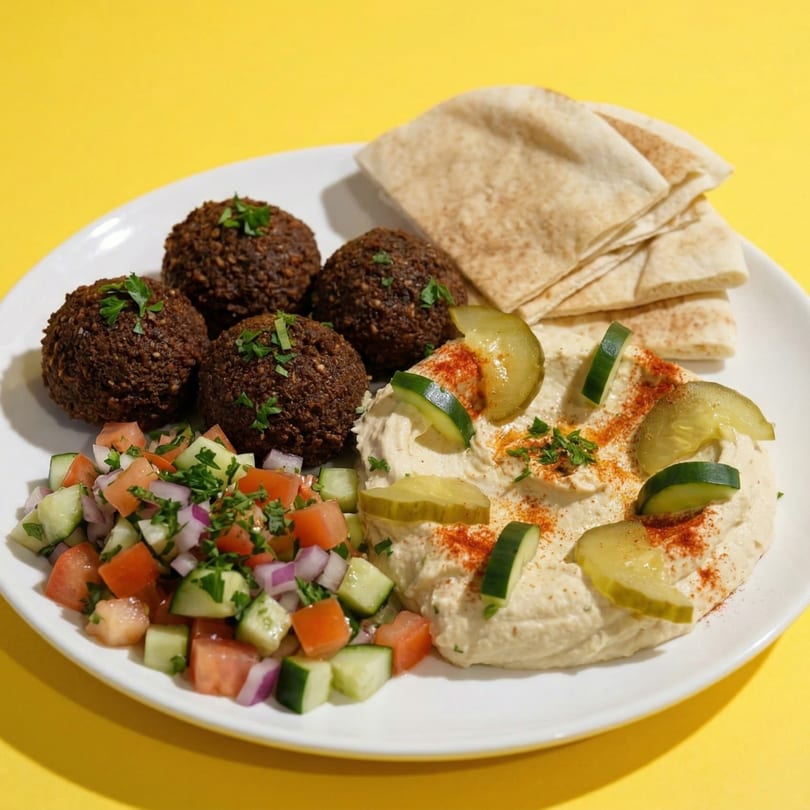 A white plate with falafel, hummus, pita bread, and a fresh salad on a yellow background.