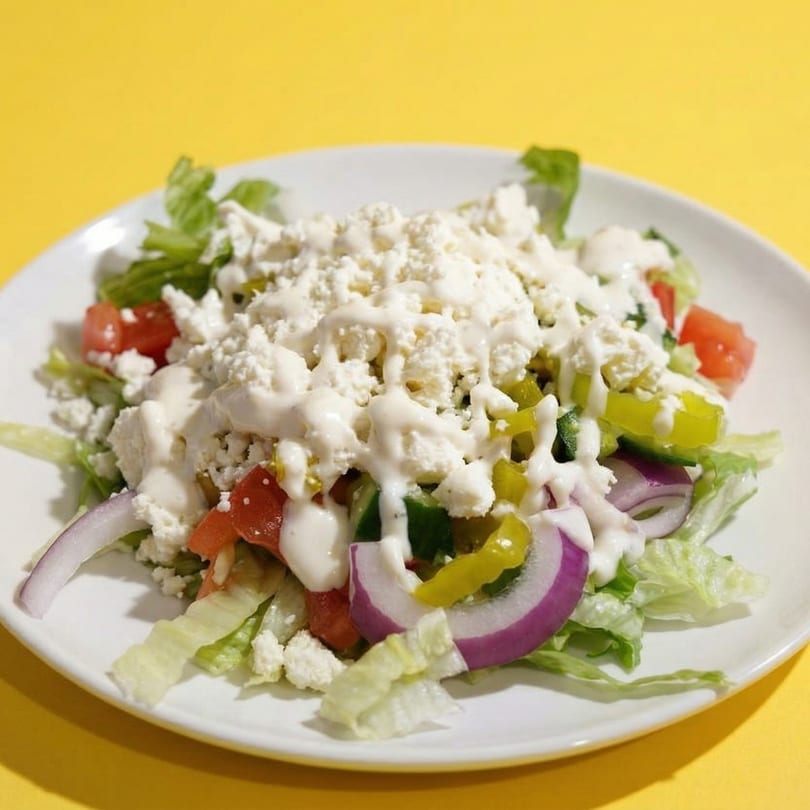A fresh salad with lettuce, tomatoes, red onions, peppers, feta cheese, and creamy dressing.