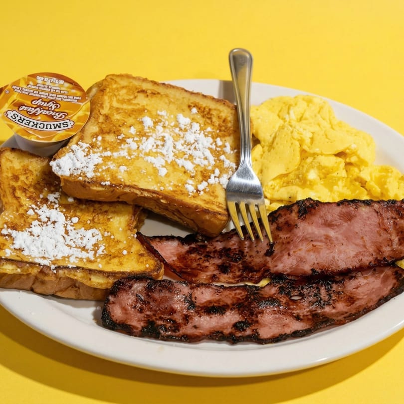 Breakfast plate with French toast, scrambled eggs, grilled ham, and a Smucker's syrup cup.