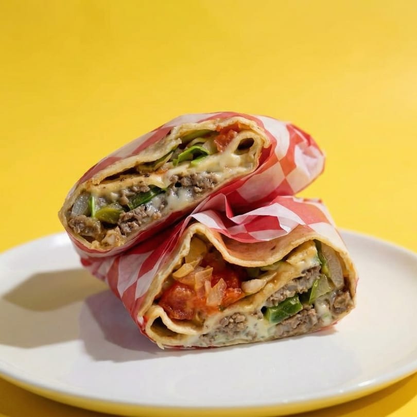 Two halves of a wrapped burrito, filled with meat, cheese, and vegetables, on a white plate.