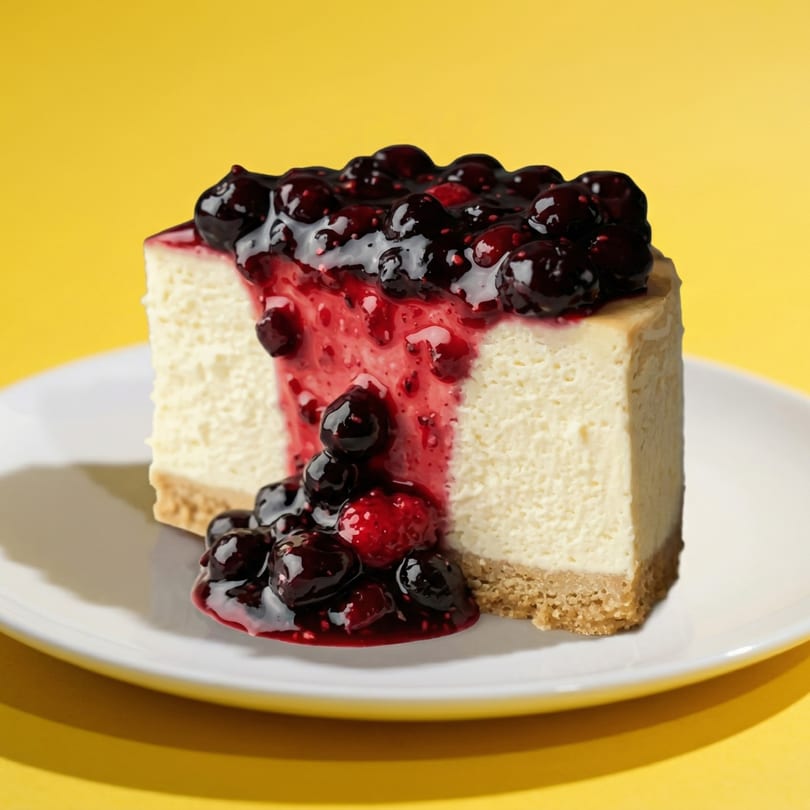 Slice of cheesecake with a graham cracker crust, topped with blueberry and raspberry compote.